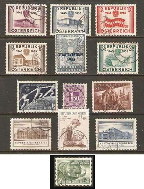 Austria 1955- Complete Year - 7 issues offered in fine used conservation - see scan below