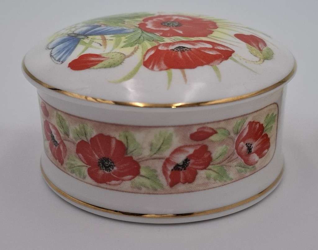 Vintage Staffordshire Porcelain Trinket Box with Red Floral Design