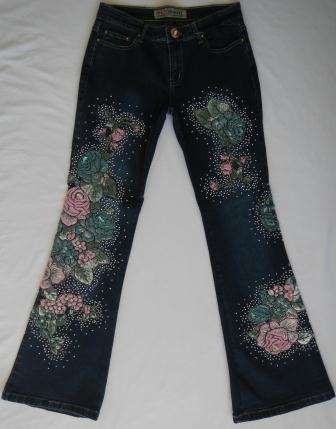 Designer Jean - Dark Blue Floral Jean - Size 8 Bootcut