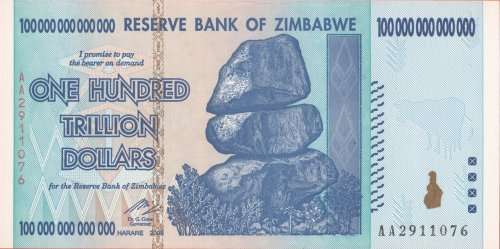ZIMBABWE -  UNCIRCULATED ONE HUNDRED TRILLION DOLLARS NOTE
