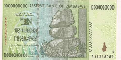 ZIMBABWE -  UNCIRCULATED TEN TRILLION DOLLARS NOTE