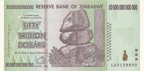 ZIMBABWE -  UNCIRCULATED FIFTY TRILLION DOLLARS NOTE for Melinda Liebenberg