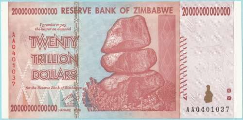 ZIMBABWE -  UNCIRCULATED TWENTY TRILLION DOLLARS NOTE