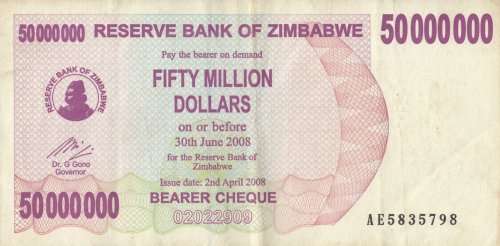 ZIMBABWE  FIFTY  MILLION  DOLLARS     BEARER  CHEQUE     AE5835798