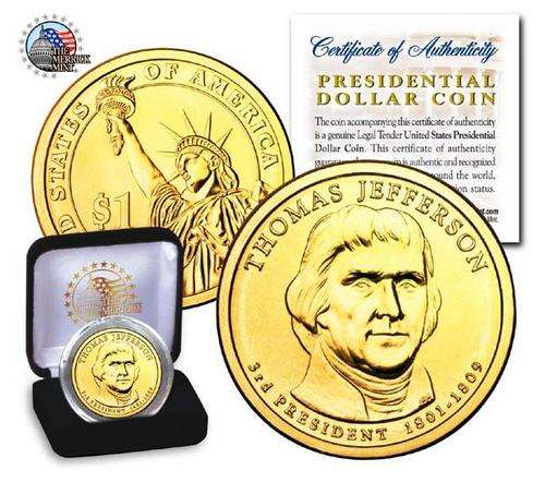 24K GOLD PLATED '07 JEFFERSON PRESIDENTIAL DOLLAR COIN