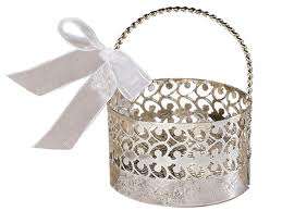 Wedding favour silver basket with rose design on handle