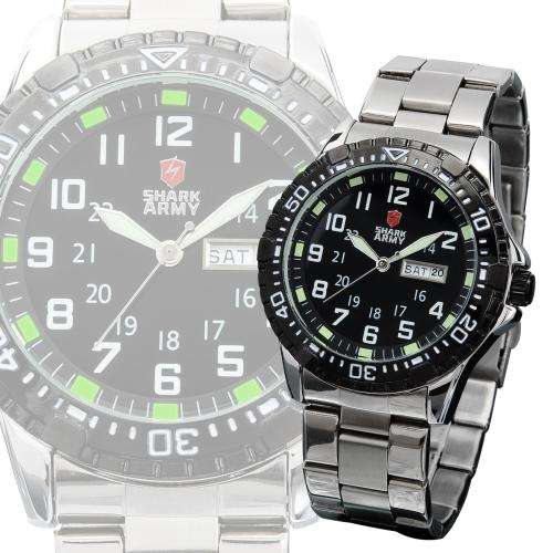 SHARK ARMY Date Day Display Stainless Steel Black Mens Military Sport