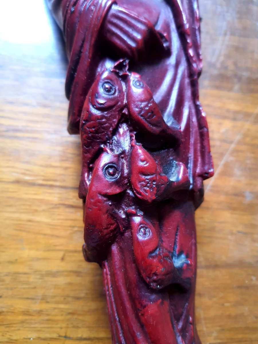 ANTIQUE CHINESE BEARDED FISHERMAN ROSEWOOD EYES ON FISH STATUE - VERRY DESIRABLE !!!! 32 CM HIGH
