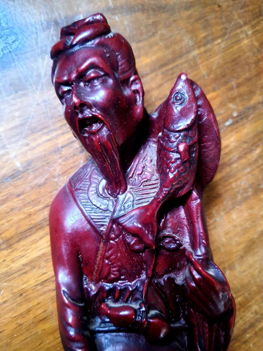 ANTIQUE CHINESE BEARDED FISHERMAN ROSEWOOD EYES ON FISH STATUE - VERRY DESIRABLE !!!! 32 CM HIGH