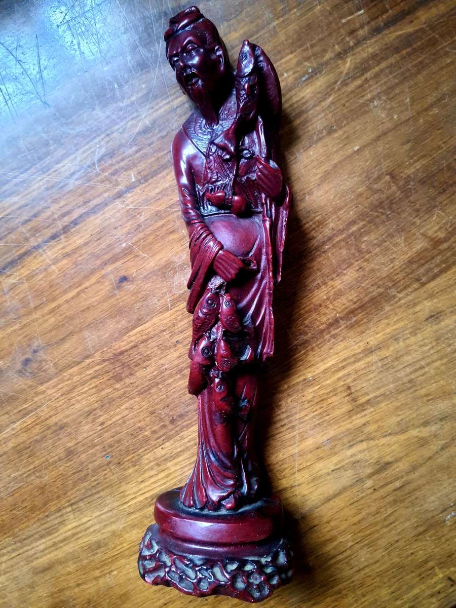 ANTIQUE CHINESE BEARDED FISHERMAN ROSEWOOD EYES ON FISH STATUE - VERRY DESIRABLE !!!! 32 CM HIGH