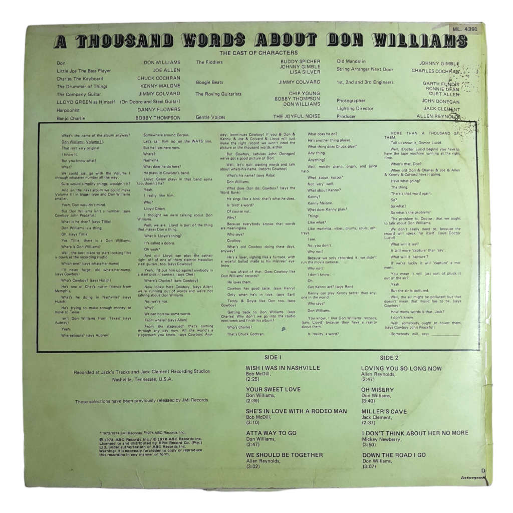 1974 Don Williams  Volume Two - Vinyl, 12`, 33 RPM - Country - Good - With Cove