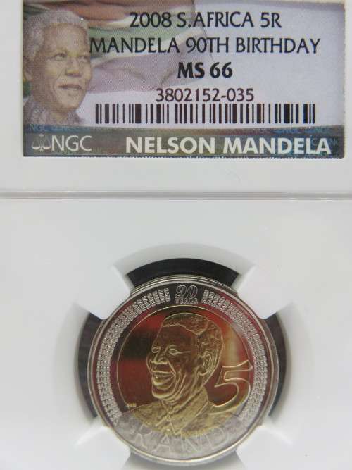 2008 Mandela 90th Birthday R5 NGC Graded MS66 | Colourised Mandela Label Holder | Fun R1 Start |