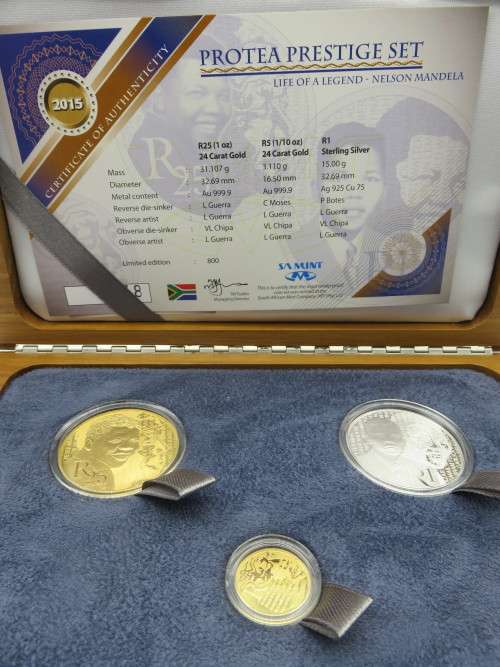 2015 SA Protea Prestige Set - 1oz, 1/10th Gold 24 Carat and R1 Silver | Fun R1 Start |