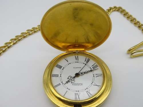 Beautiful Roamer Rolled Gold Pocket Quartz Pocket Watch with chain - Perfect Working Condition