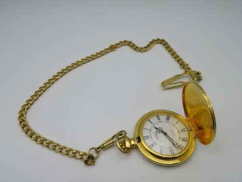 Beautiful Roamer Rolled Gold Pocket Quartz Pocket Watch with chain - Perfect Working Condition