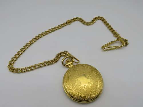 Beautiful Roamer Rolled Gold Pocket Quartz Pocket Watch with chain - Perfect Working Condition