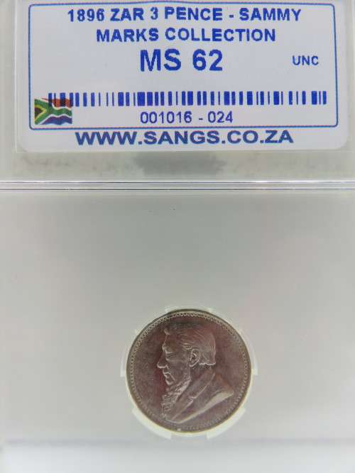 1896 ZAR SILVER 3 PENCE SANGS Graded MS62 - `SAMMY MARKS COLLECTION` | SANGS ERROR