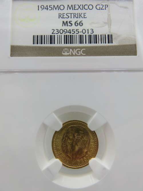 1945 Mexico: ESTADOS UNIDOS MEXICANOS 2 Pesos Gold NGC MS66 Restrike | 1.6666 Grams Gold 22 Carat |