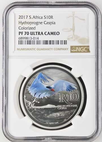 South Africa Proof Silver Hydroprogne Caspia (Caspian Tern)Colourized R10 (1oz Silver) of 2017 PF 70