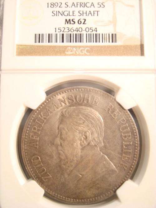 1892 ZAR 5 Shilling Single Shaft NGC Graded MS62 ### PERFECT Mint State 62 ### R1 Start