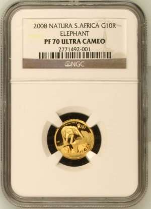2008 Natura Elephant 1/10th Gold 24 Carat (999.99) NGC Graded PF70 ### PERFECT PF70 ### R1 Start