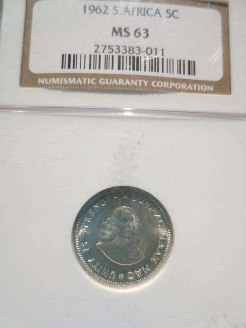 1962 SA Silver 5 Cent NGC Graded MS63 # PERFECT Mint State 63 # R1 Start