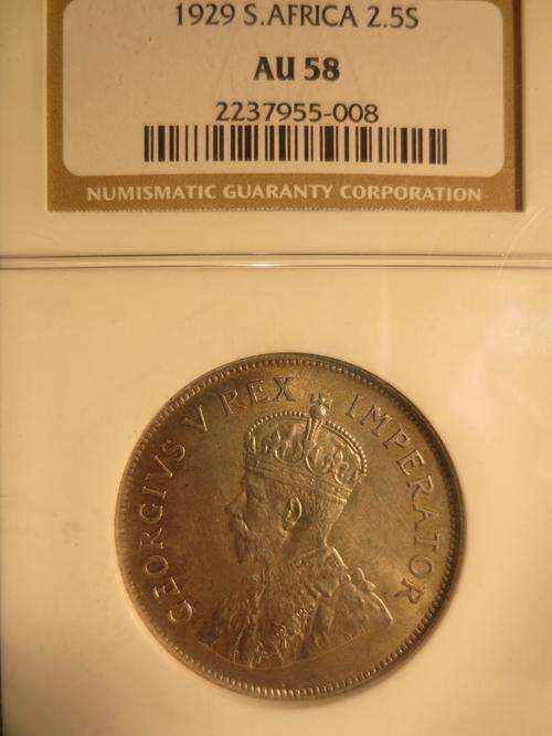 1929 SA Union 2.5 Shilling (Halfcrown) NGC Graded AU58 # Herns Price UNC is R40 000 # KEY DATE #