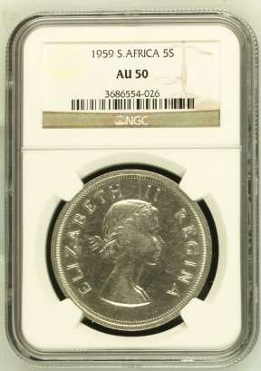 1959 SA Union Silver 5 Shilling (Crown) NGC Graded AU50 # KEY DATE # R1 Start