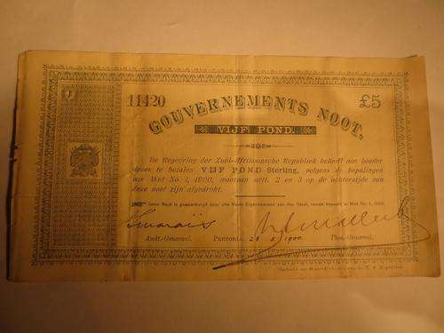 1900 ZAR VIJF POND PRETORIA GOUVERNEMENTS NOOT # RARE this NICE # FUN ends FRIDAY 8pm #