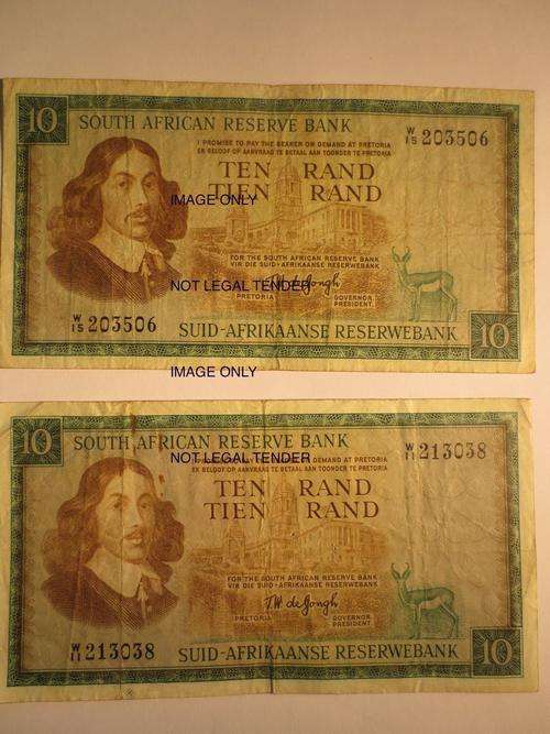 2 X TW de JONGH TEN RAND REPLACEMENT NOTES | BID PER NOTE | RARE | FUN SUNDAY |