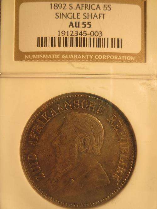 1892 ZAR 5 Shilling (Crown) Single Shaft NGC Graded AU55 | LUSTROUS |