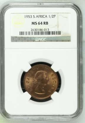 1953 SA Union 1/2 Penny NGC Graded MS 64 RB