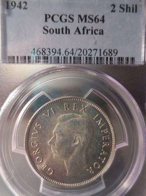 1942 SA Union 2 Shilling (Florin) PCGS Graded MS64 | Brilliant UNC - 2nd Highest Grade |