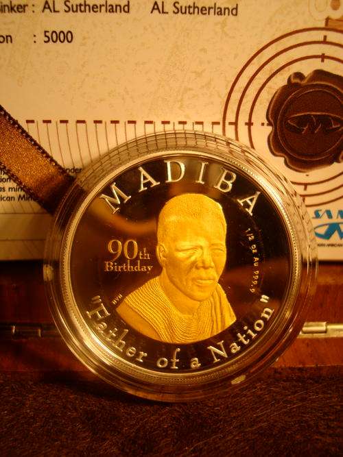 Mandela 90th Birthday Commemorative 1/2oz Gold 24 Carat Medal in Original SA Mint Box @ R1 Start