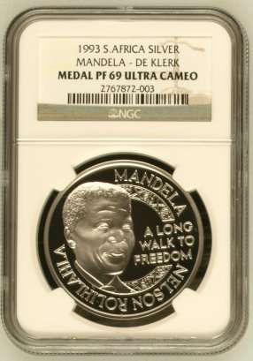 1993 Nelson Mandela & FW De Klerk 1oz Silver Medal NGC Proof 69 @@@ Ultra Rare @@@ R1 Start