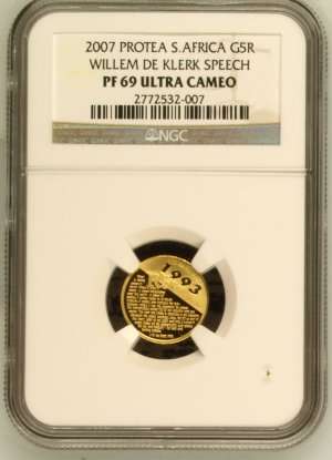 2007 FW De Klerk Speech 1/10th Gold 24 Carat (999.99) NGC P69 Ultra Cameo ### RARE ### R1 Start
