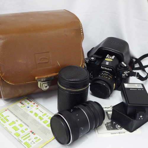 Nikon EM camera with Nikon Series E 35mm lens,Nikon flash,Enna Munchen 135mm lens in leather bag