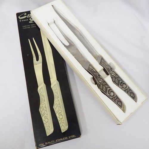 Vintage carving set with knife and fork in box - Rose pattern handles