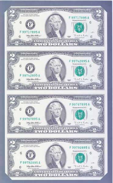 1995 USA 2 Dollar banknote uncut sheet of 4 - Bureau of Engravings and Printing