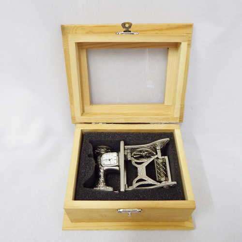 Beautiful Sewing machine desk clock in wooden display box with blank plate for engraving