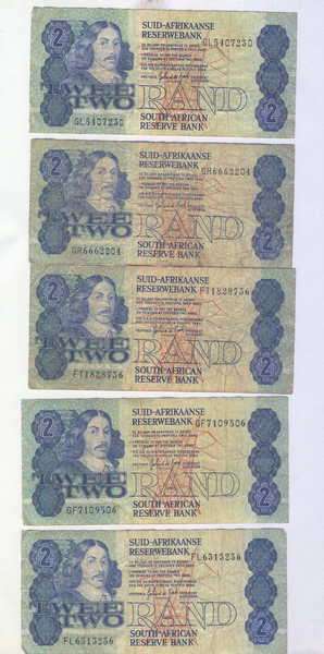 Lot of 10 old South African two rand bank notes