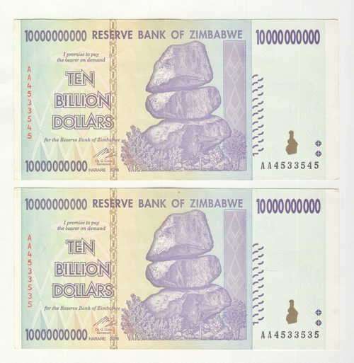 Zimbabwe pair of 10 billion dollar notes AA4533545 & AA4533535