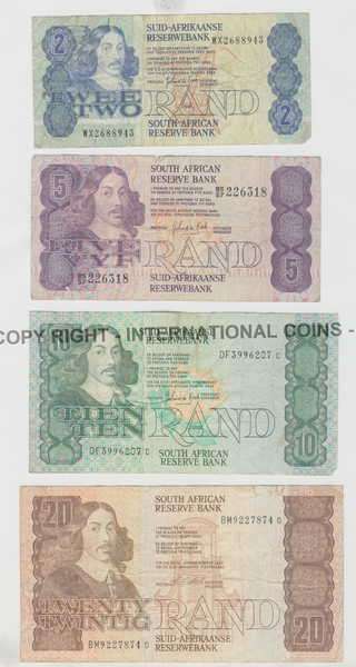 Lot of 4 South Africa banknotes - R2, R5, R10, R20