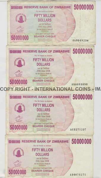 Lot of 7 Zimbabwe banknotes - 50 million dollars with prefix AA, AB, AC, AD, AE, AF, AG