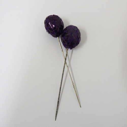 2 Vintage hat pins "crochet with sequence" purple