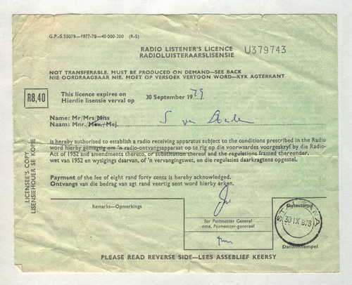 South Africa 1978 Radio Listener`s Licence