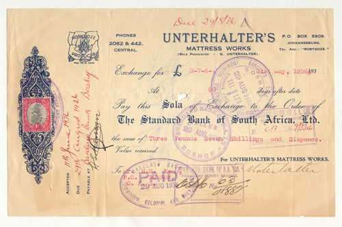 1936 Bill of exchange for the Standard Bank Unterhalter's Mattress Works with cancellation and stamp