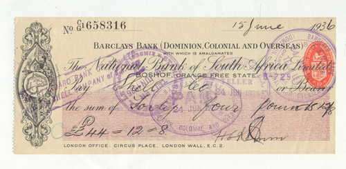 1936 Barclays Bank cheque  to Shell Co. - Boshof Orange Free State for 44 pounds