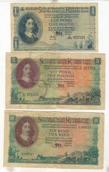 Lot of 6 old South Africa banknotes including one and five pounds