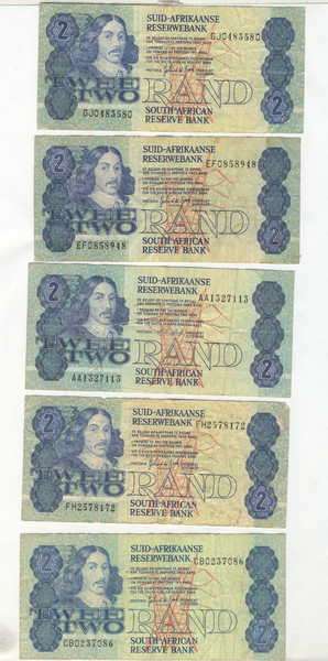 Lot of 12 old South Africa R2 en R5 banknotes